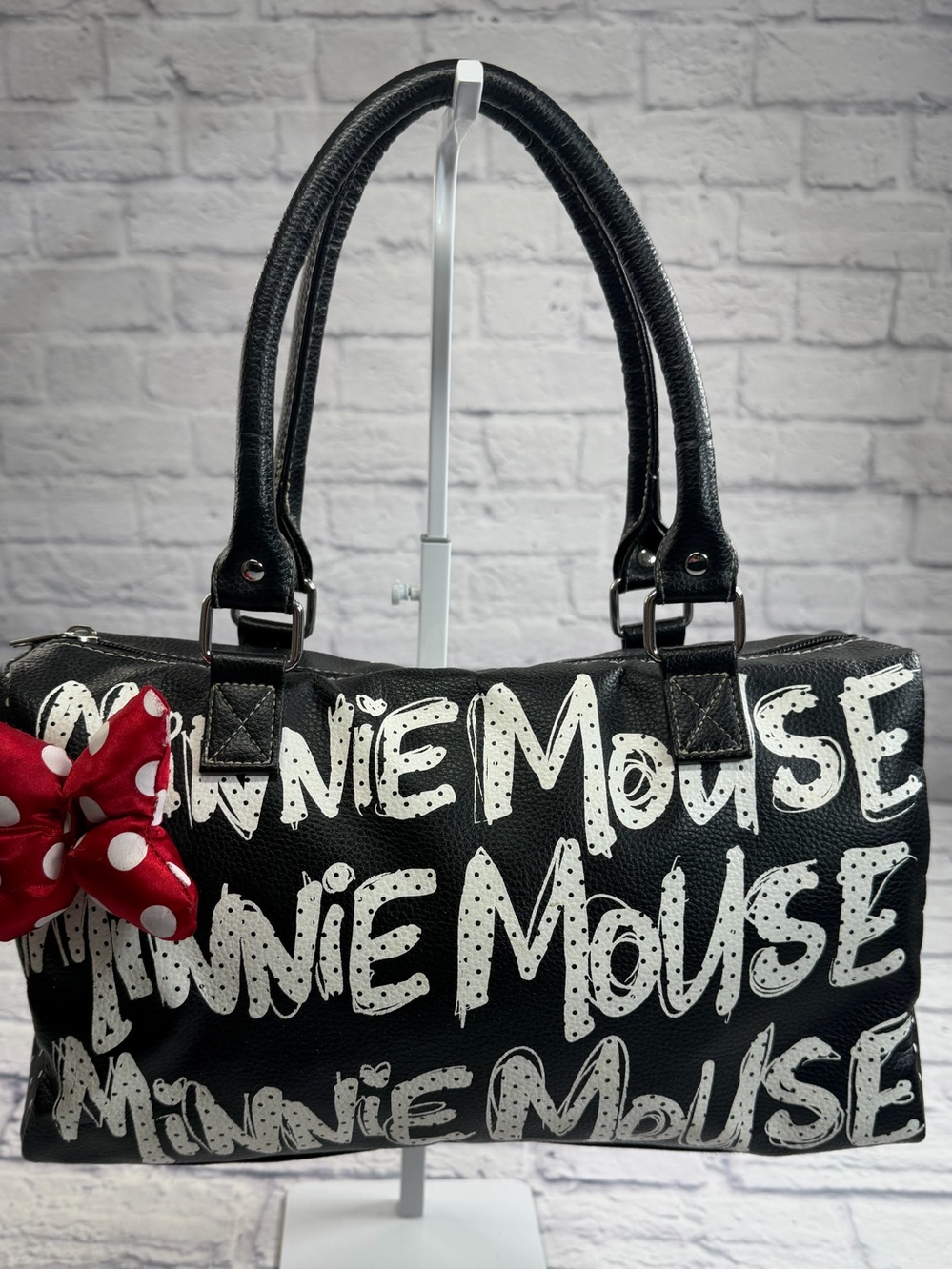 Disney Parks Black & White Minnie Mouse Script Satchel w/Red Bow Accent